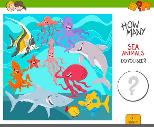 海生活動物キャラクターの子どもたち教育カウント活動ゲームの漫画イラスト — ストックベクタ