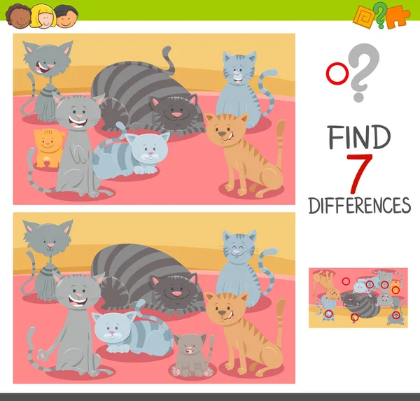 Cartoon Illustration Finding Seven Differences Pictures Educational Game Children Cat — стоковый вектор