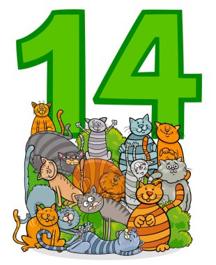 Sayı on dört ve kedi karakter grubu karikatür çizimi