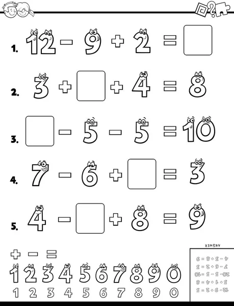 Ilustração Preto Branco Dos Desenhos Animados Planilha Cálculo Matemático Educacional — Vetor de Stock