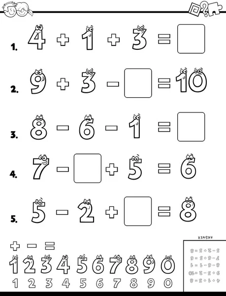 黑白卡通儿童着色书教育数学计算工作簿的插图 — 图库矢量图片