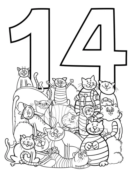 Schwarz Weiße Zeichentrickillustration Von Nummer Vierzehn Und Katzenfiguren Gruppe Malbuch — Stockvektor