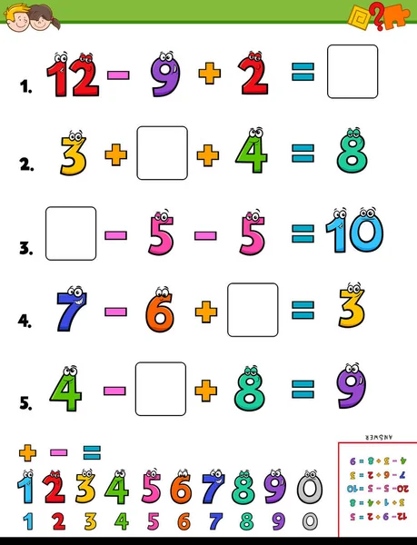 Tecknad Bild Pedagogiska Matematisk Beräkning Kalkylblad För Barn — Stock vektor