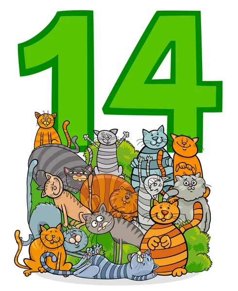 Καρτούν Εικονογράφηση Του Αριθμού Δεκατεσσάρων Και Γάτα Χαρακτήρες Ομάδας — Διανυσματικό Αρχείο