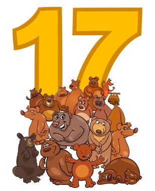 Sayı on yedi ve ayı karakter grubu karikatür çizimi
