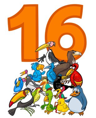 Cartoon Illustration of Number Sixteen and Bird Characters Group clipart
