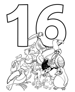 Black and White Cartoon Illustration of Number Sixteen and Bird Characters Group Coloring Book clipart