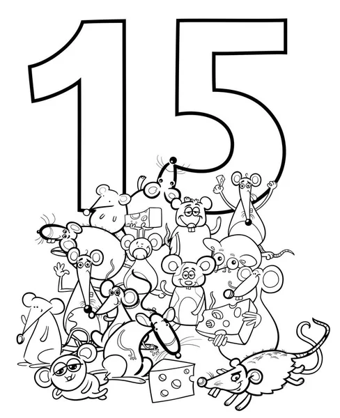 Schwarz Weiße Cartoon Illustration Von Zahl Fünfzehn Und Mäuse Figuren — Stockvektor