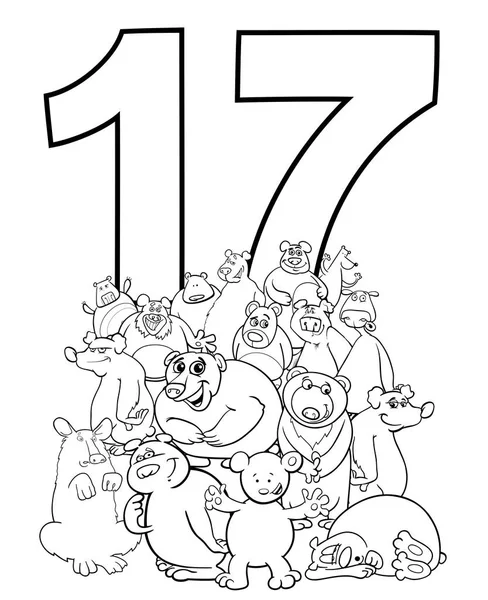 Schwarz Weiße Cartoon Illustration Von Nummer Siebzehn Und Bärenfiguren Gruppe — Stockvektor