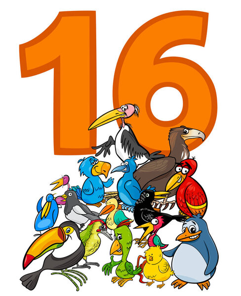 Cartoon Illustration of Number 16 and Bird Characters Group
