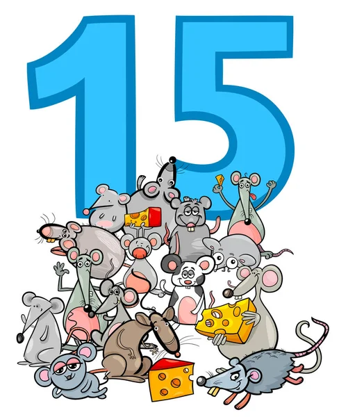 Καρτούν Εικονογράφηση Αριθμός Δεκαπέντε Και Ποντίκια Χαρακτήρες Ομάδας — Διανυσματικό Αρχείο