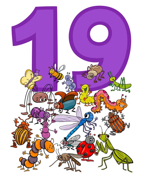 Cartoon Illustration Number Nineteen Insect Characters Group — Stock Vector