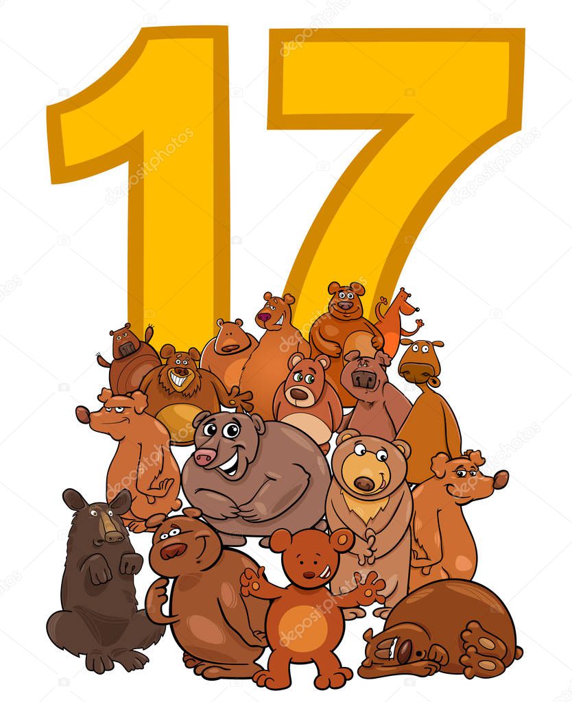 Cartoon Illustration of Number Seventeen and Bear Characters Group