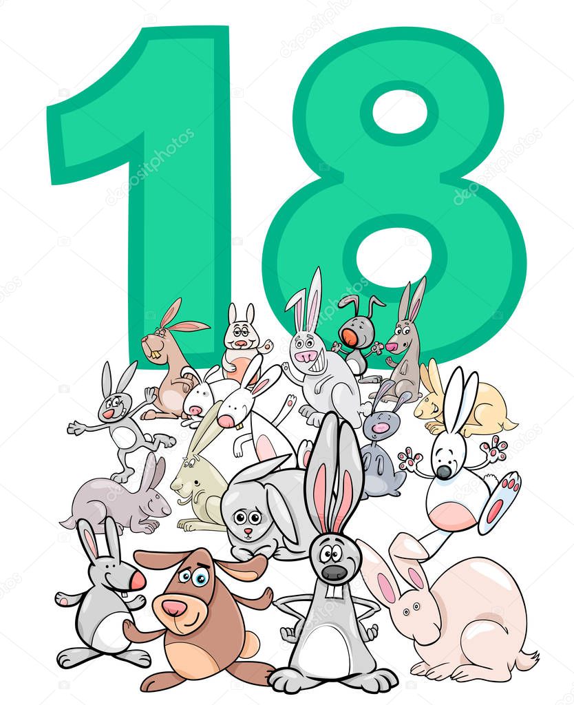 Cartoon Illustration of Number Eighteen and Rabbit Characters Group