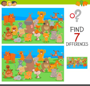 Çizgi film illüstrasyon resim arasındaki yedi farkı köpek ve kedi karakter olan çocuklar için eğitici bir oyun bulma