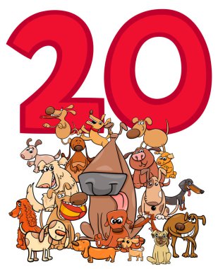 Cartoon Illustration of Number Twenty and Dogs Animal Characters Group clipart