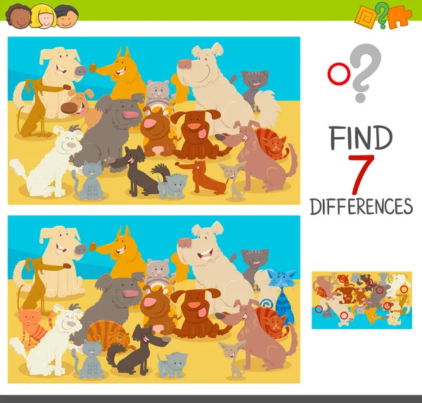 犬と猫と子供の教育的なゲームの画像間の つの違いを見つけることの漫画イラスト — ストックベクタ