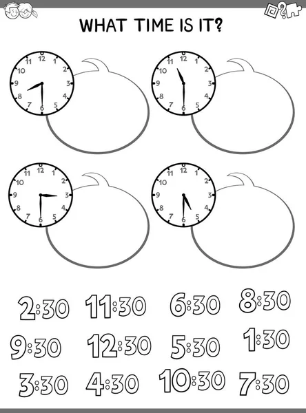 Black White Cartoon Illustrations Telling Time Educational Workbook Clock Face — Stock Vector