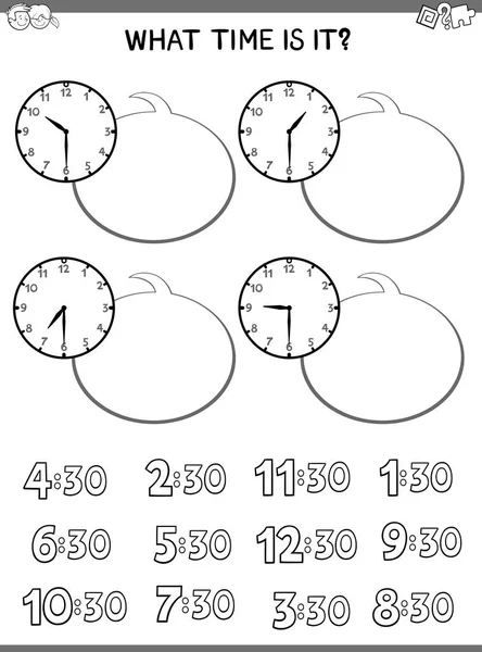 Black White Cartoon Illustrations Telling Time Educational Worksheet Clock Face — Stock Vector