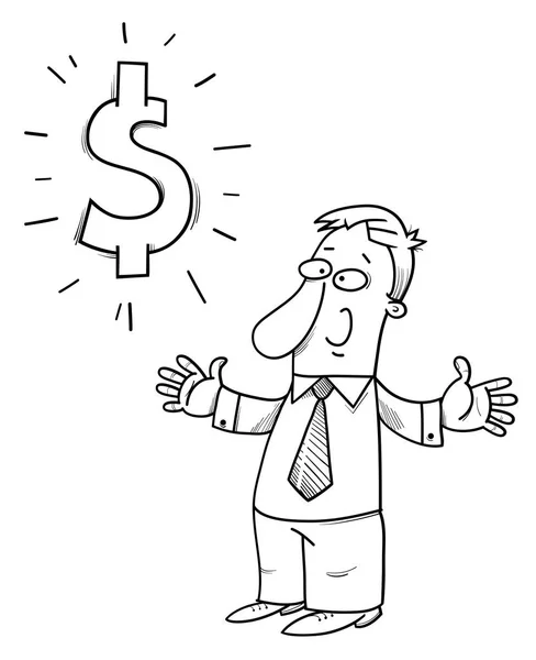 幸せなビジネスマンやドル記号を持つ男文字の白黒漫画イラスト — ストックベクタ