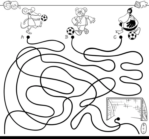 Czarno Biały Ilustracja Kreskówka Ścieżki Lub Labirynt Puzzle Gry Zwierząt — Wektor stockowy