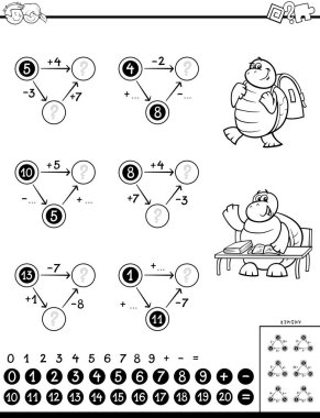 Siyah ve beyaz çizgi film gösterimi eğitim matematiksel hesaplama Puzzle oyunu boyama kitabı çocuklar için