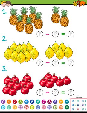 Meyve olan çocuklar için eğitim matematik çıkarma Puzzle oyunu çizgi film gösterimi