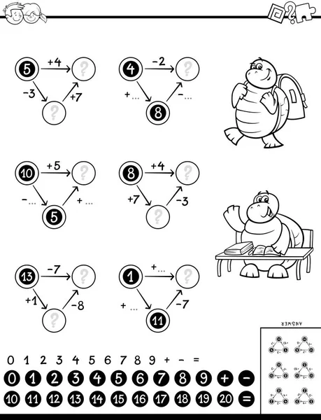 Schwarz Weiß Cartoon Illustration Von Pädagogischen Mathematischen Rechenpuzzle Spiel Für — Stockvektor