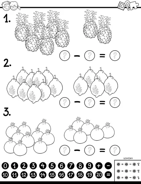 Schwarz Weiß Cartoon Illustration Der Mathematischen Pädagogischen Subtraktion Puzzle Spiel — Stockvektor