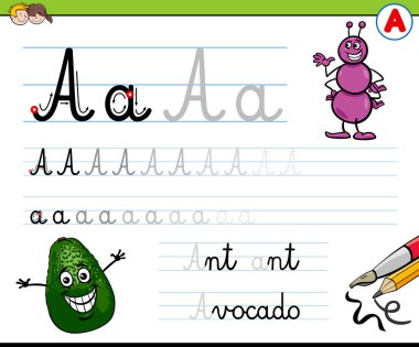 Karikatür çizim becerileri uygulama harf A ile okul öncesi ve ilköğretim çağındaki çocuklar için yazma