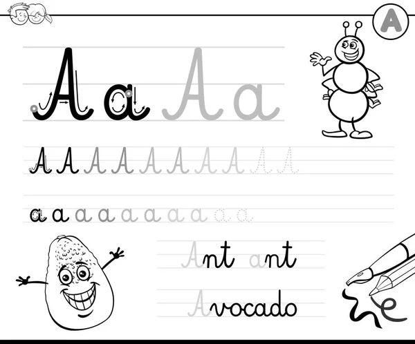 Black White Cartoon Illustration Writing Skills Practice Letter Preschool Elementary — Stock Vector