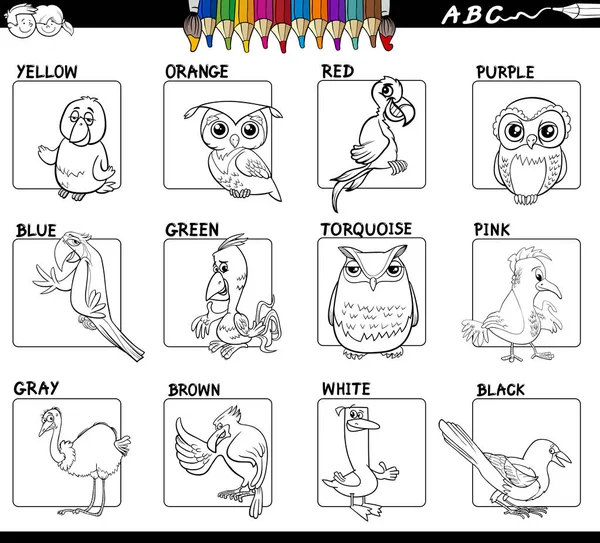 Czarno Biały Ilustracja Kreskówka Kolorów Podstawowych Znaków Zwierząt Ptaki Edukacyjne — Wektor stockowy