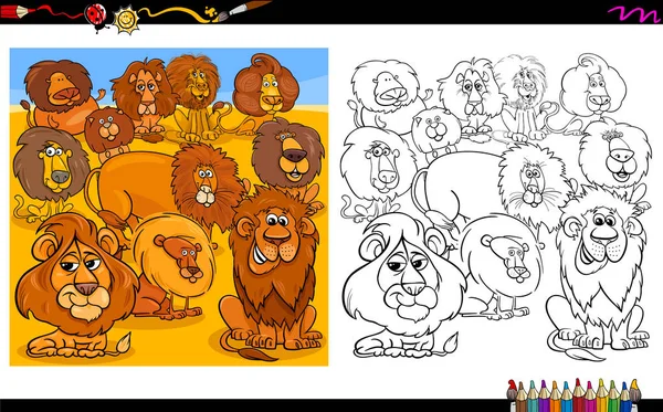Cartoon Illustration Lions Djur Tecken Gruppen Coloring Book Kalkylblad — Stock vektor