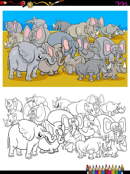 Карикатура Зображення Elaphants Носороги Група Символи Тварин Забарвлення Книги Аркуш — стоковий вектор