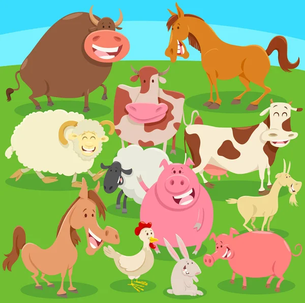 Illustration Personnages Animaux Ferme Sur Pâturage Prairie — Image vectorielle