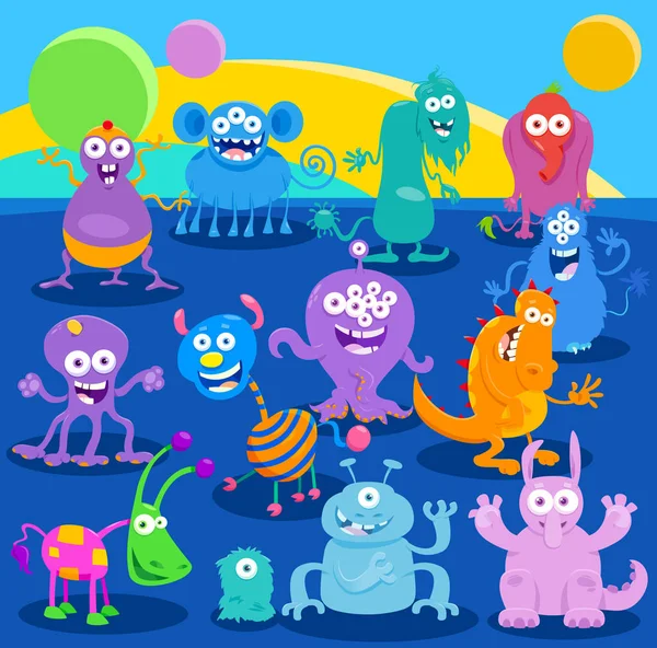 Cartoon Illustrations Monsters Aliens Characters Group Fantasy World - Stok Vektor