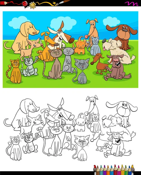 Illustration Dessins Animés Chats Chiens Coloriage Groupe Feuille Travail — Image vectorielle