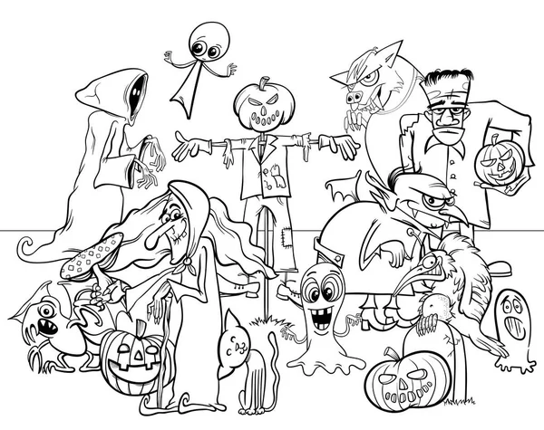 黑色和白色动画片万圣节假日幽灵人物组着色书的插图 — 图库矢量图片