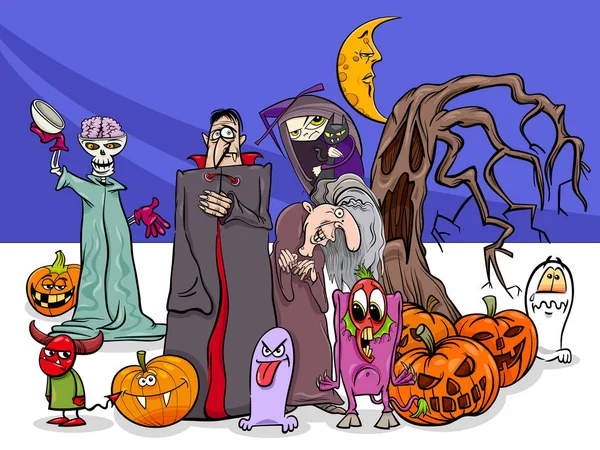 Illustration Bande Dessinée Groupe Personnages Effrayants Vacances Halloween — Image vectorielle