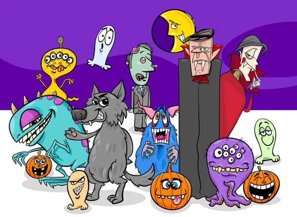 Inggris Cartoon Illustration Halloween Holiday Monster Characters Group - Stok Vektor