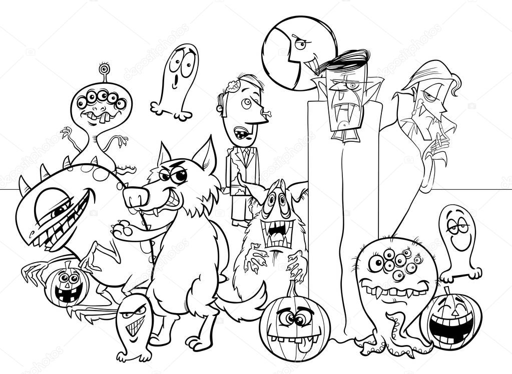 Black and White Cartoon Illustration of Halloween Holiday Monster Characters Group Coloring Book