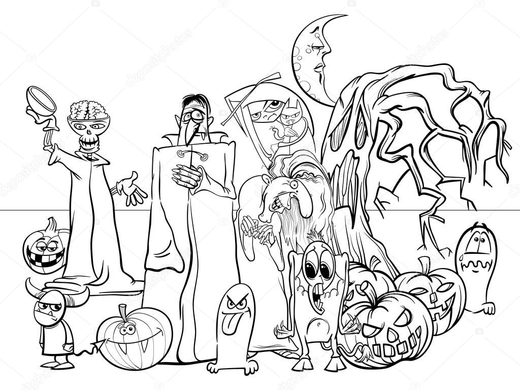 Black and White Cartoon Illustration of Halloween Holiday Scary Characters Group Coloring Book