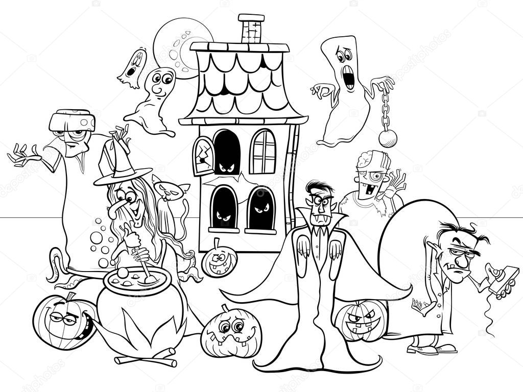 Black and White Cartoon Illustration of Halloween Holiday Funny Characters Group Coloring Book