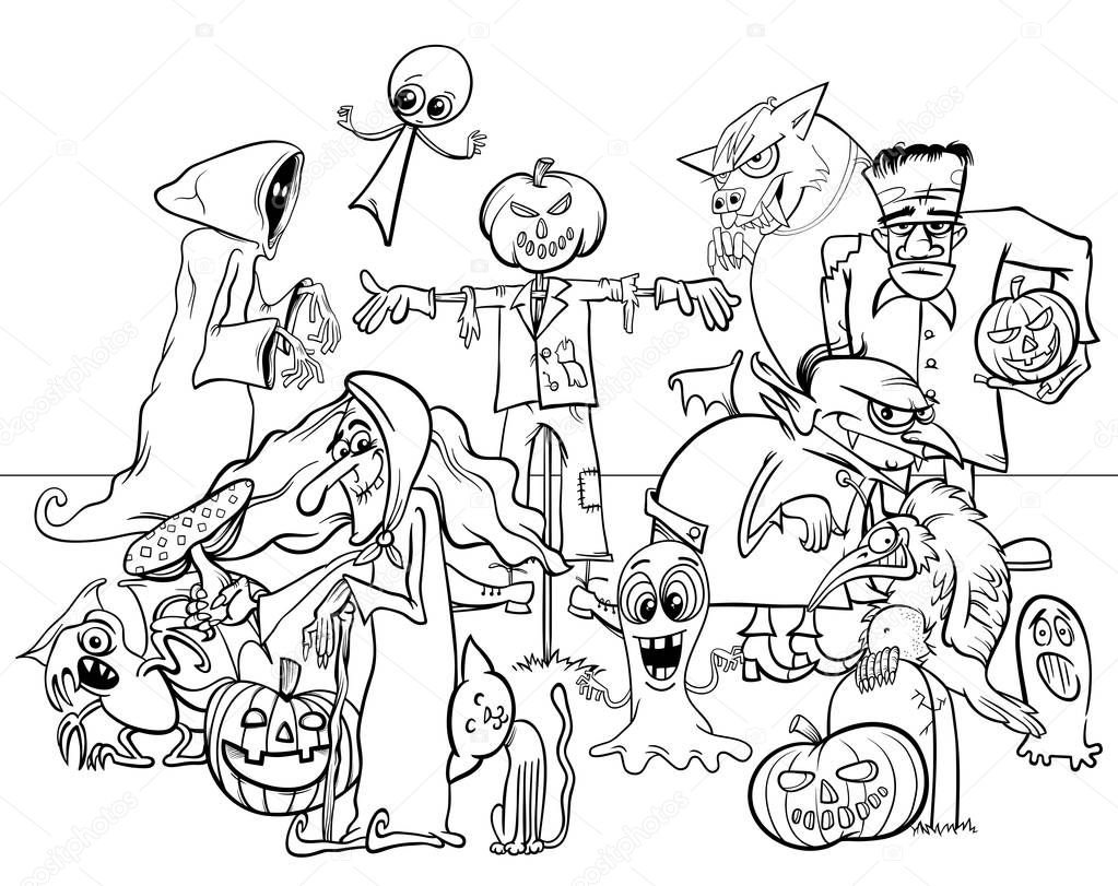 Black and White Cartoon Illustration of Halloween Holiday Spooky Characters Group Coloring Book