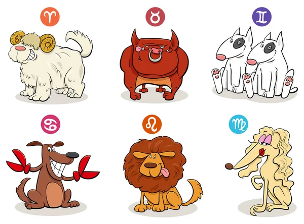 Ilustracja Kreskówka Horoskop Znaki Zodiaku Zestawem Śmieszne Psy — Wektor stockowy