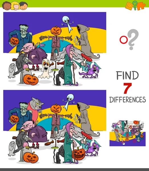 Cartoon Illustration Finding Ten Differences Pictures Educational Game Children Halloween — стоковый вектор
