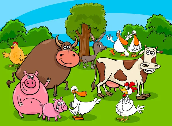 Cartoon Afbeelding Van Funny Farm Animal Tekens Group Weide — Stockvector