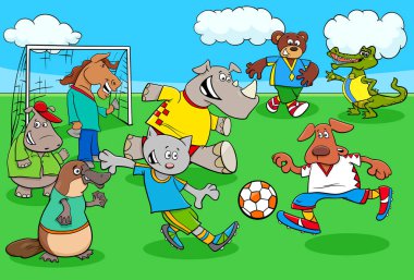 Hayvan futbol ya da maç oynarken futbol oyuncu karakter karikatür çizimleri