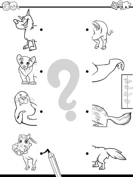黑白动画片与野生动物着色书匹配的教育游戏插图 — 图库矢量图片