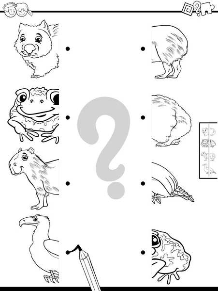 Czarno Biały Ilustracja Kreskówka Zabawy Edukacyjnej Dopasowania Połówek Zdjęcia Zwierzętami — Wektor stockowy